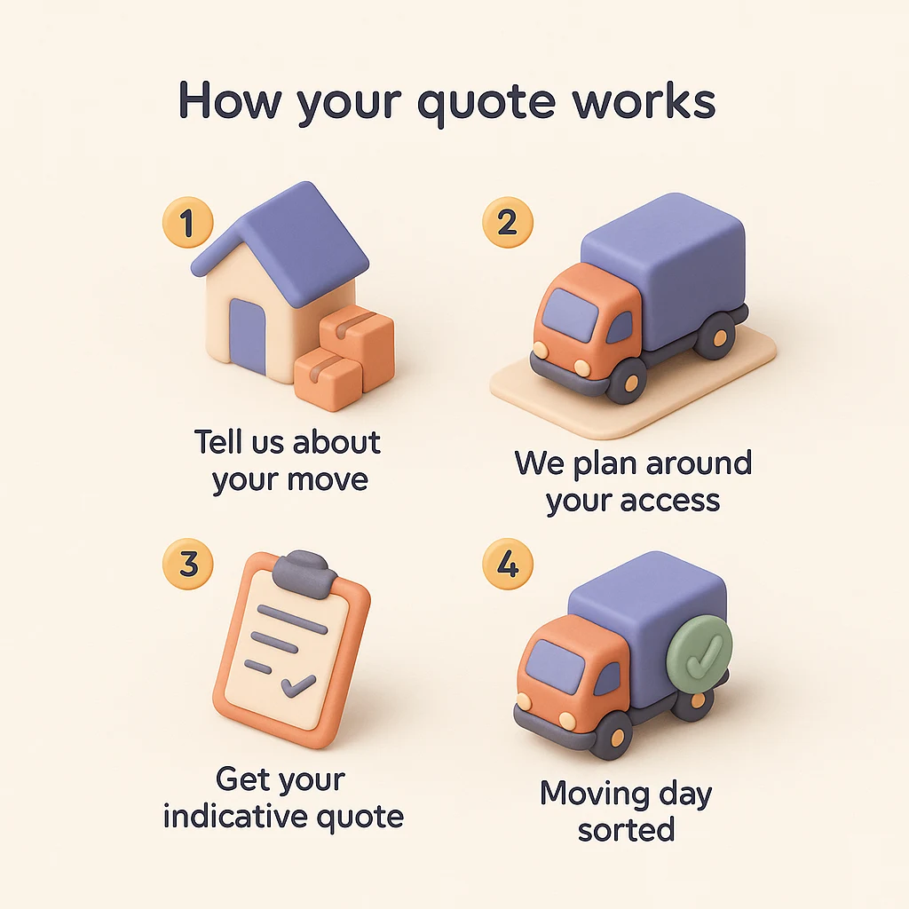 How your quote works in four steps: tell us about your move, we plan around your access, get your indicative quote, moving day sorted